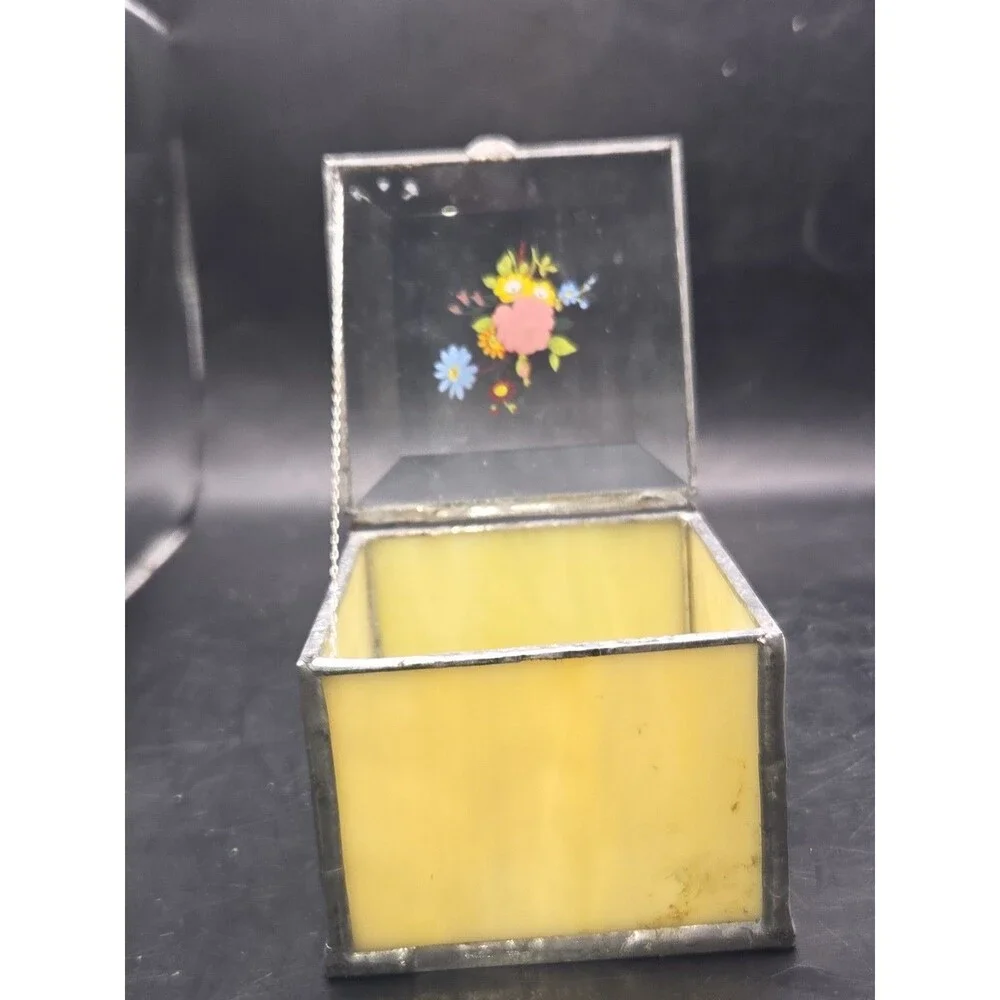 Vtg Glass Metal Leaded Trinket Jewelry Box Hinged Stained Glass Mirror Bottom